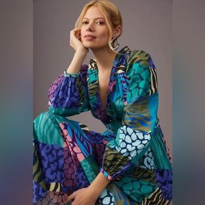 Anthropologie Geisha Designs Long Sleeved Printed Maxi Dress Size XS